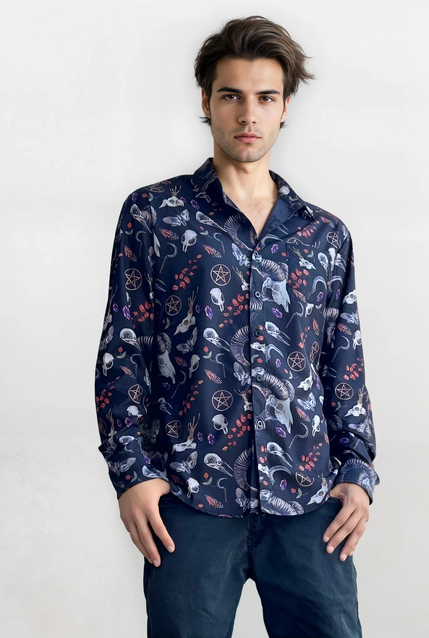 Oddities Men’s Button-Up Shirt – Witchy Occult Print