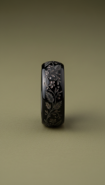 Obsidian Botanical Engraved Ring