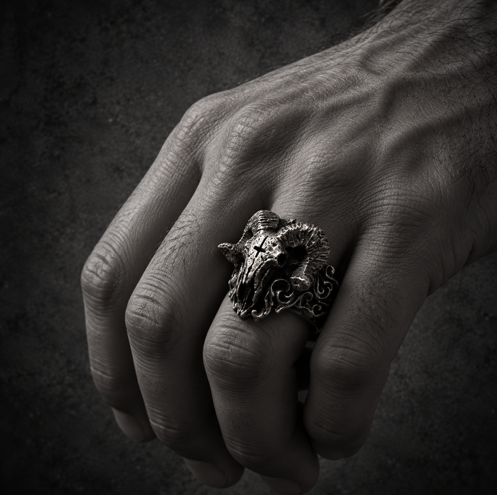 Ram Skull Ring – Stainless Steel Occult Statement Ring