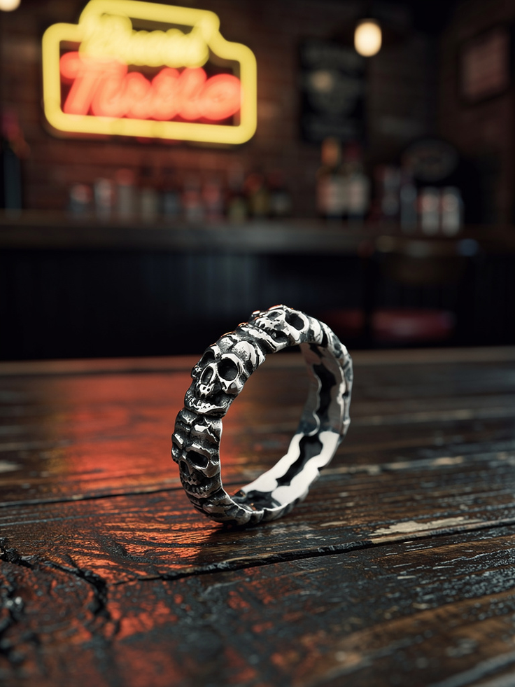 Graveyard Skull Band Ring – Stainless Steel Skull Ring (Thick or Thin Band)