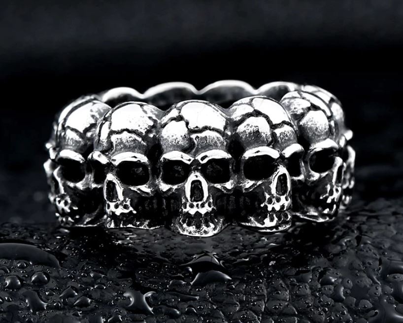 Graveyard Skull Band Ring – Stainless Steel Skull Ring (Thick or Thin Band)