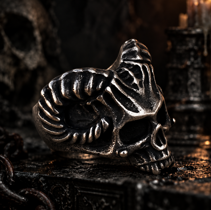 Ram Half Skull Ring – Stainless Steel Occult Statement Ring